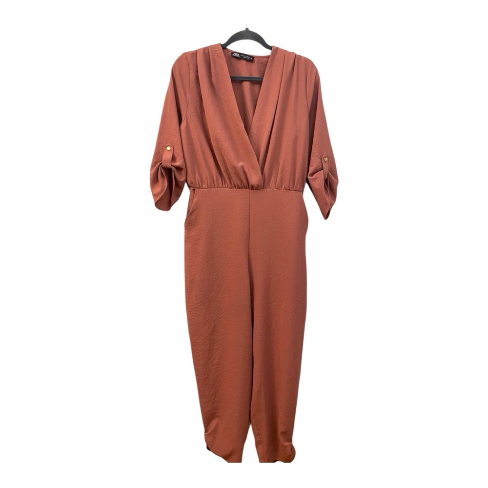 Zara Brown Jumpsuit with Puff Sleeves and Wide-Leg Design